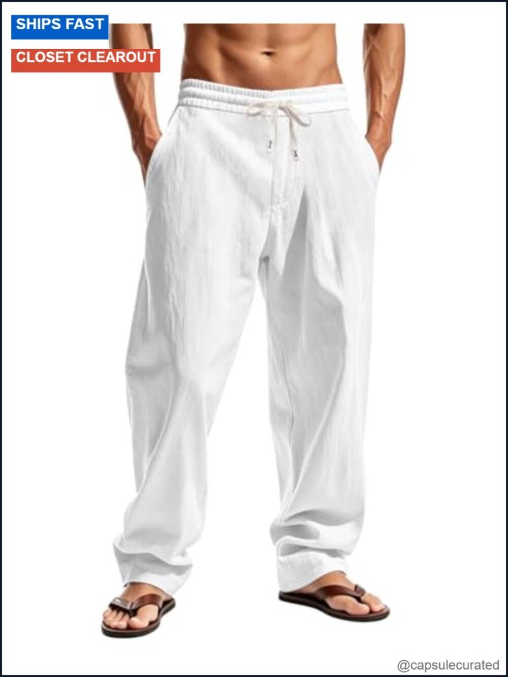 Men's Cotton Linen Straight Leg Pants Elastic Waist Drawstring Lounge Pants
